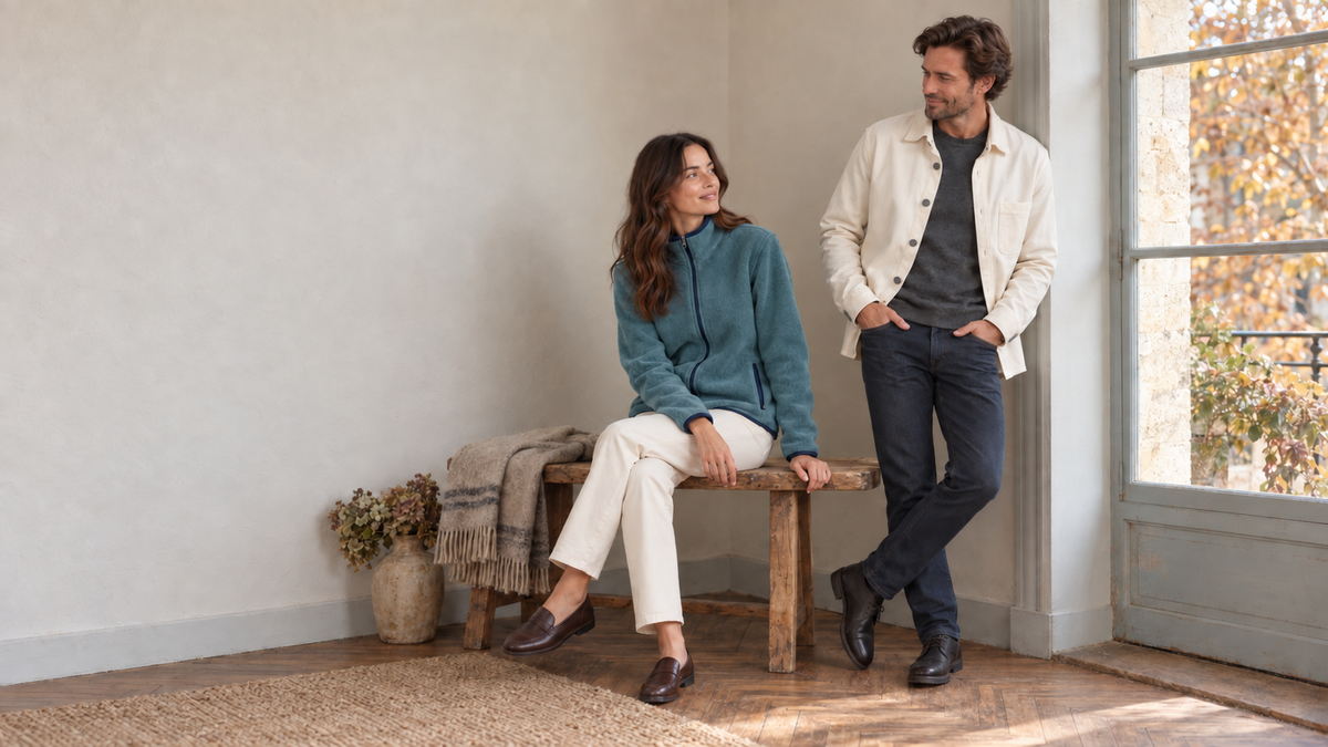 Duo SOBO en intérieur, veste workwear écrue et polaire