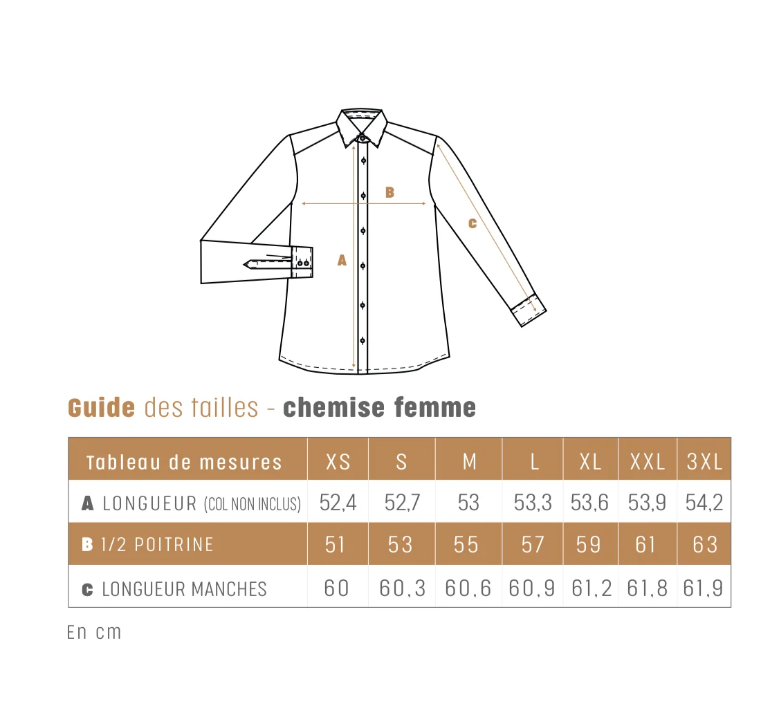 Guide des tailles — CHEMISE FEMME 100% COTON